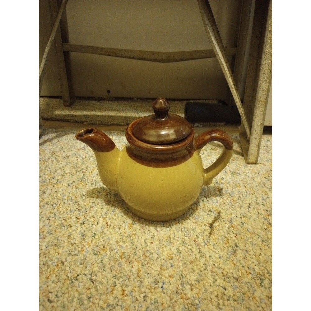 Vintage Tan & Brown Stoneware Glazed Ceramic Teapot Farmhouse Primitive Décor